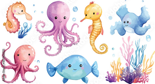 Funny set of cartoon sea animals including an octopus, crab, dolphin, and whale in a tropical underwater vector illustration pattern for a baby marine aquarium collection