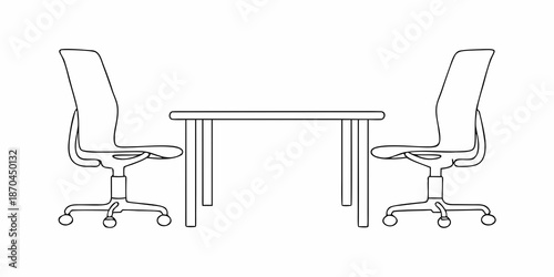 Simple outline of a table and two office chairs facing each other