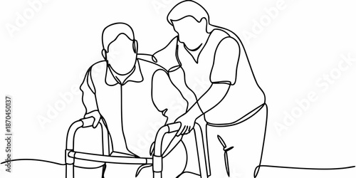 A caring nurse assists an elderly patient using a walking aid