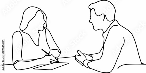 A simple line drawing depicts two people in a conversation or meeting