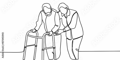 Continuous line drawing of a young person assisting an elderly person with a walker