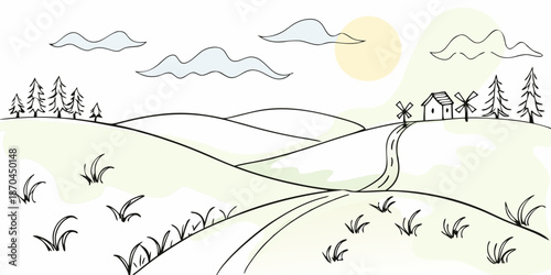 A peaceful landscape with rolling hills trees and a distant house