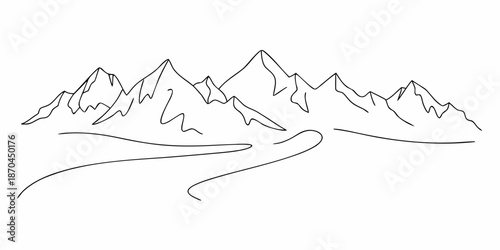 Minimalist line drawing of a mountain range with a flowing river below