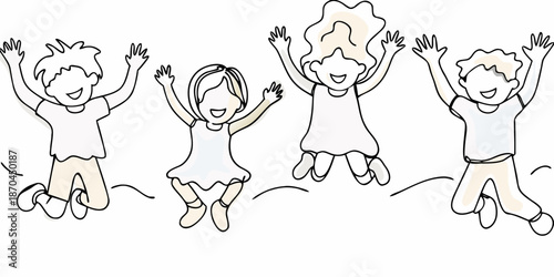 Joyful children jumping with arms raised in a cheerful simple sketch style