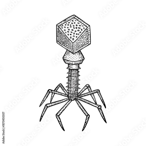 Detailed illustration of a bacteriophage virus with a complex structure