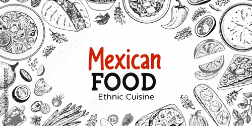 A vibrant collection of traditional mexican food illustrations and ethnic cuisine elements
