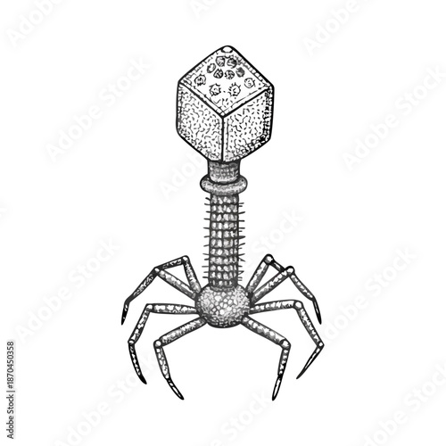 Detailed illustration of a bacteriophage virus with a complex structure