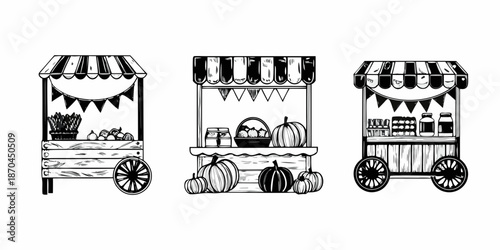 Black and white illustration of three vintage market stalls with goods