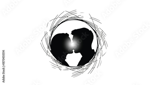 Intimate silhouette of a couple in a tender moment, framed by abstract lines.