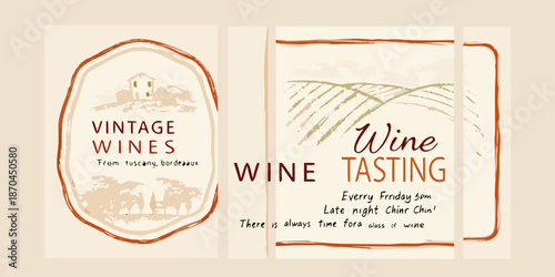 Vintage wine labels with illustrations of a farmhouse and vineyard landscape