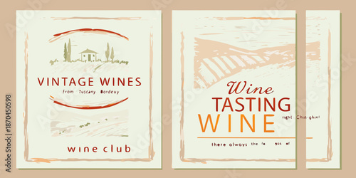 Vintage wine labels and tasting event promotional banners with textured backgrounds