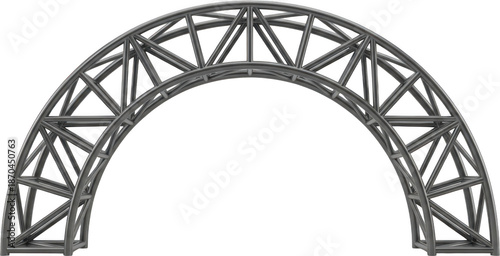 A metallic grey arched truss structure made of interconnected geometric bars creating a strong industrial support frame engineering framework construction steel aluminum modern transparent background
