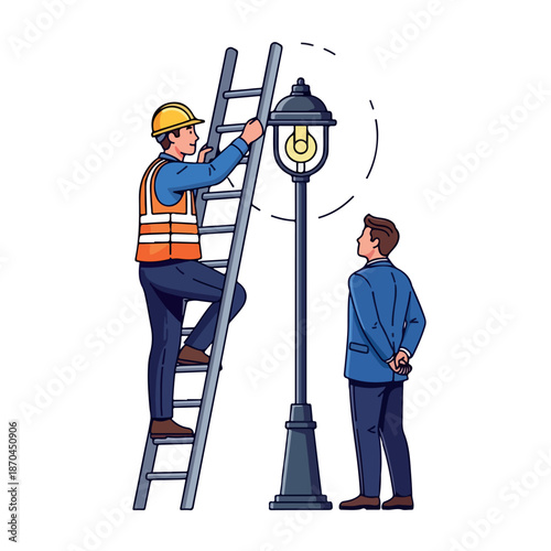 A worker in an orange vest and yellow hard hat changing a street light bulb while another man watches from the ground with a ladder.