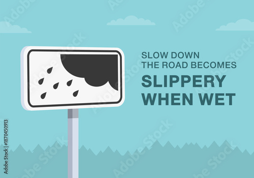 Safe driving tips and traffic regulation rules. Close-up of european "wet cover" sign meaning. The road becomes slippery when wet. Flat vector illustration template.