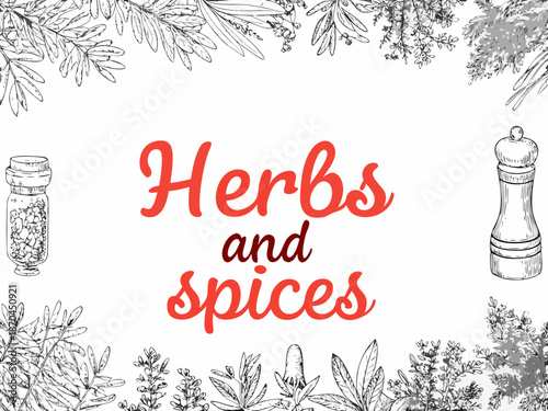 Sketch illustration of herbs spices pepper grinders and botanical elements