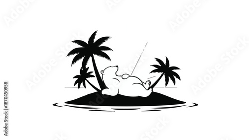 Relaxed polar bear enjoys a sunny day fishing on a tropical island paradise.