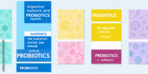 Probiotics supplement packaging design with digestive health benefits and colorful illustrations