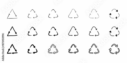 Arrangement of recycling symbols and triangles in a grid pattern