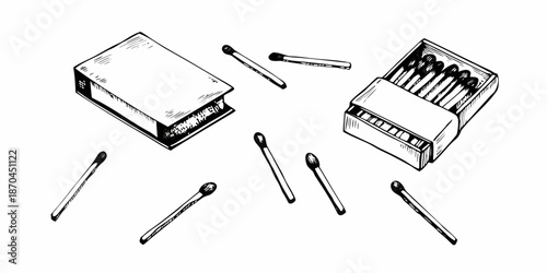 A sketch depicting open and closed matchboxes with scattered matches nearby