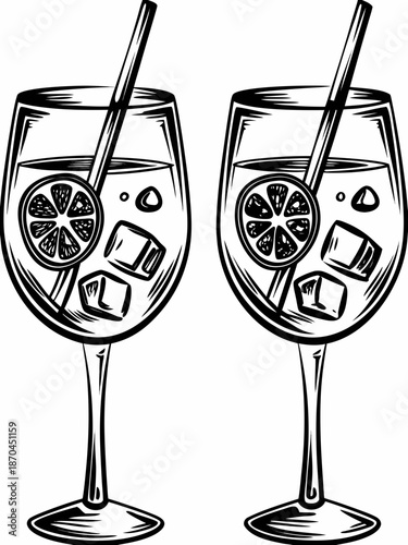 Two glasses of refreshing citrus cocktail with straws and ice sketch style