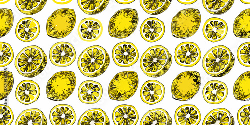 A vibrant seamless pattern of sliced lemons on a white background