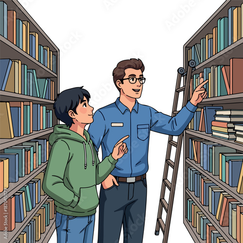 Illustration of a man and a boy browsing books on shelves in a library with a ladder.