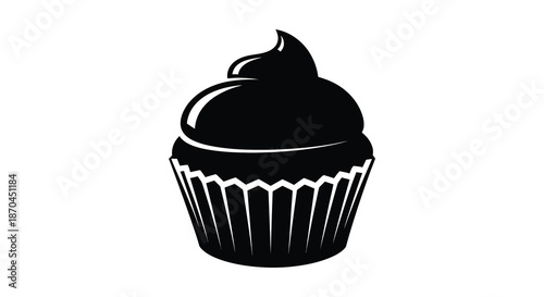 A simple elegant black cupcake illustration with detailed frosting and paper liner silhouette