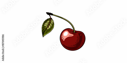 A single ripe cherry with a green stem and leaf illustration