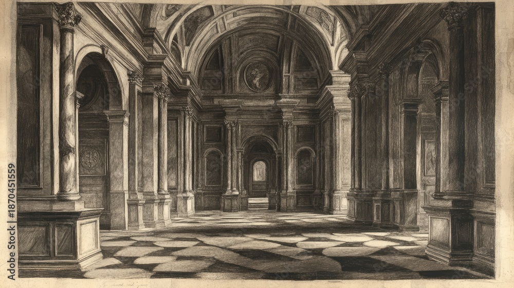 Obraz premium Grand Architectural Hallway: A Monochrome Masterpiece