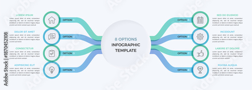 Infographic template with eight options connected to the central circle element