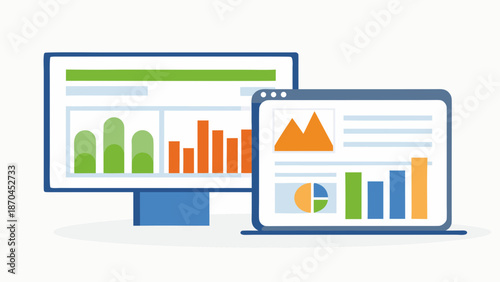 Flat vector art of a saas platform interface with analytics and data visualization on a computer monitor and laptop screen showing various colorful graphs and charts