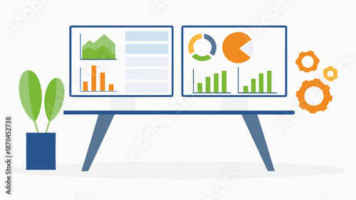 Modern flat illustration of a tech workspace with computer screens displaying graphs and charts on a desk with a plant and gears with technology