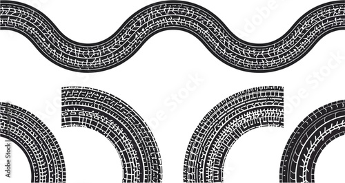 Vector illustration of various tire track patterns, including wavy and curved designs, suitable for graphic resources.