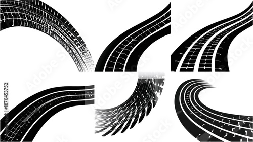 Collection of six black and white graphic designs depicting various tire tracks and curved road patterns on a white background.