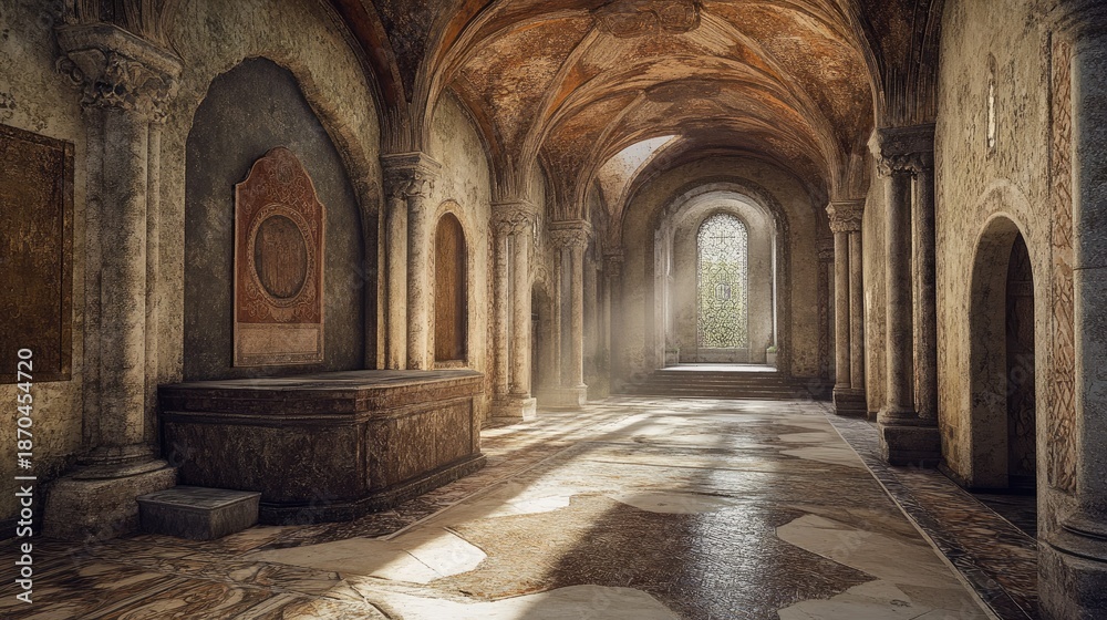 Fototapeta premium Sunlit Medieval Cathedral Hallway