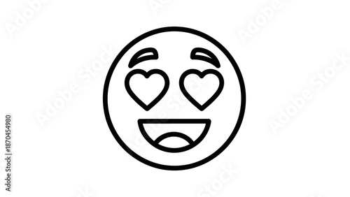 A black and white line art drawing of a smiling emoji with heart eyes, expressing love or adoration.
