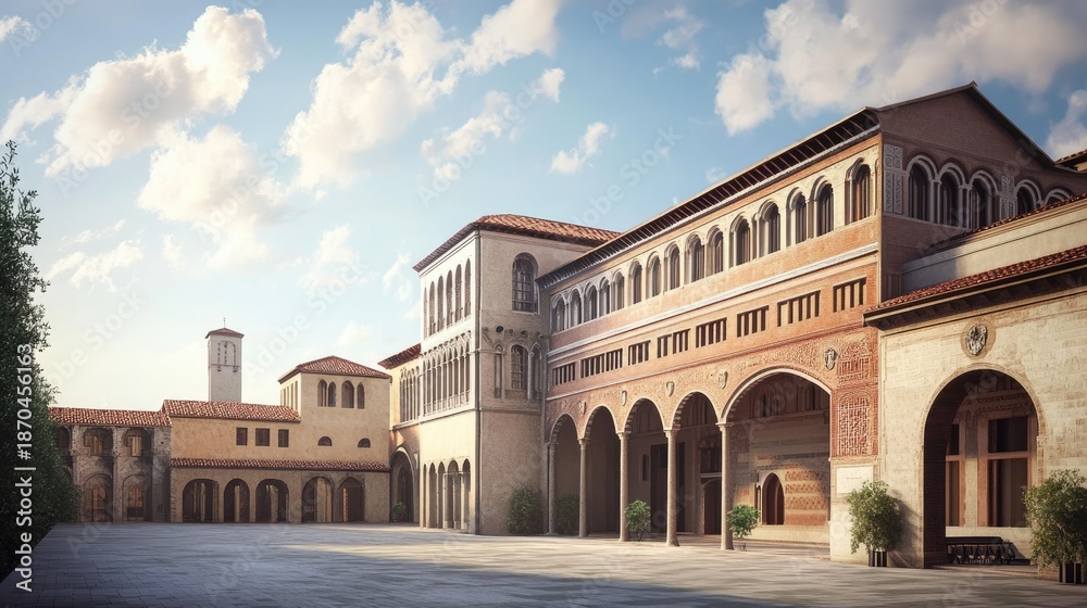Fototapeta premium Architectural Rendering: A Medieval Monastery Courtyard in Italy