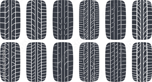 A collection of twelve distinct tire tread patterns showcasing various designs for vehicle wheels.