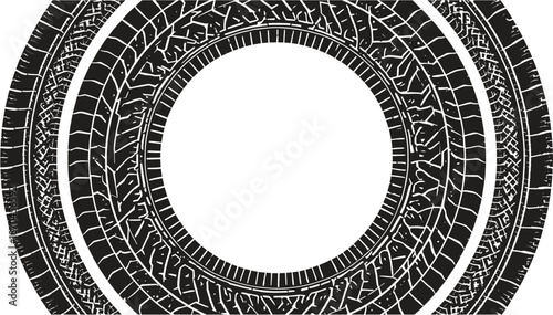 Three concentric circular tire tracks with distinct tread patterns on a white background, symbolizing automotive movement and design.