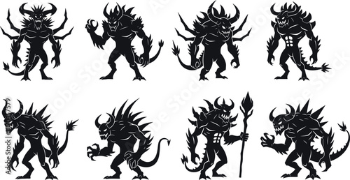 Fantasy demon monster silhouette collection with horns, claws and wings, evil creature poses for dark fantasy design and illustration