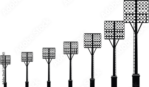 Set of stadium floodlight tower silhouettes in different heights, sports arena lighting poles, industrial outdoor illumination illustration collection design