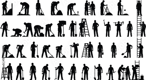 Silhouette construction workers performing various manual labor activities with tools and ladders, industrial workforce poses collection for building projects