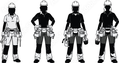 Silhouette construction workers with tool belts and safety helmets standing in a row representing skilled labor industry teamwork illustration concept