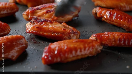chef turning chicken wings in a grilled to cook other side on barbecue.   grill master flips chicken wings.