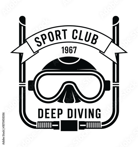 Deep diving sport club emblem with vintage scuba mask and snorkel, retro badge logo design for underwater adventure, diving schools, marine sports branding, and nautical apparel graphics