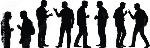 Silhouette illustration of people standing and talking in conversation poses on white background for communication and social interaction design