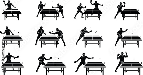 Silhouette table tennis players in action poses hitting ping pong ball during competitive match sports training vector illustration design