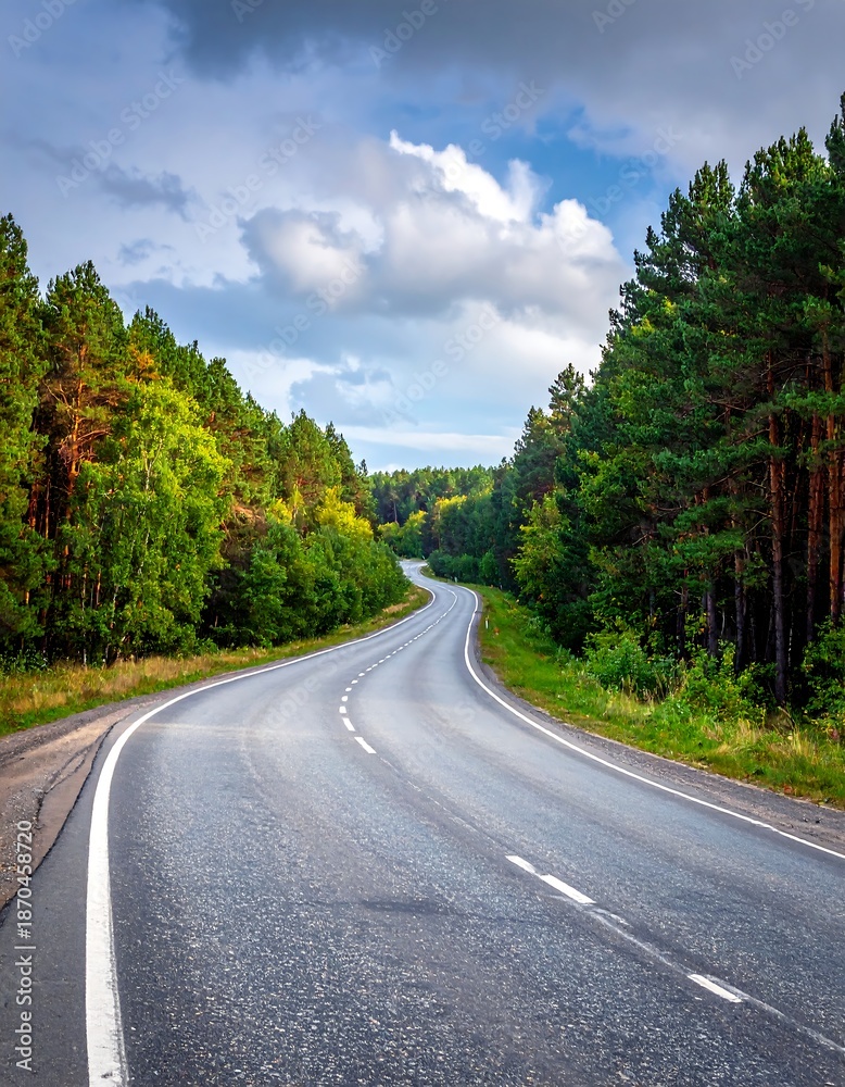 Fototapeta premium Winding asphalt road cuts through a vibrant forest under a partly cloudy sky. The road curves into the distance