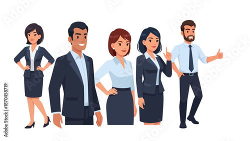 Diverse group of business people in professional attire standing together, representing teamwork and collaboration, vector illustration
