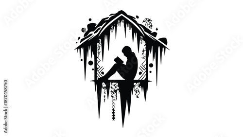 Solitary silhouette reads a book in a cozy, stylized winter shelter